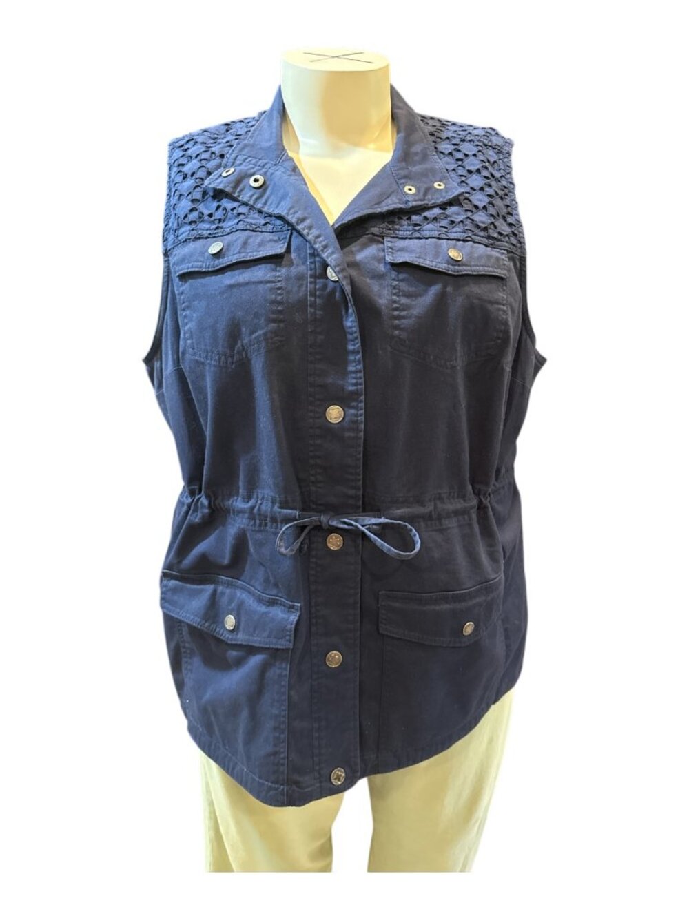 Liz Claiborne Sz 24W Navy Blue Eyelet Embellished Snap-Up Cinched Waist Vest